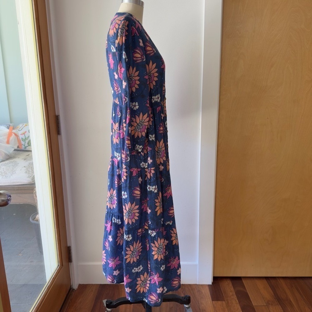 Marine Layer  Willow Long Sleeve V-neck Midi Dress-Cotton-Pockets-Batik Floral-M - Picture 4 of 16